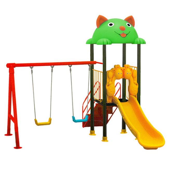 Cầu trượt liên hoàn ngoài trời mái Mèo kèm xích đu 2 ghế PDC-003