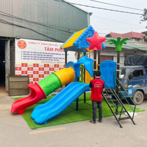 Nhà khối cầu trượt liên hoàn ngoài trời máng đôi PDC-008